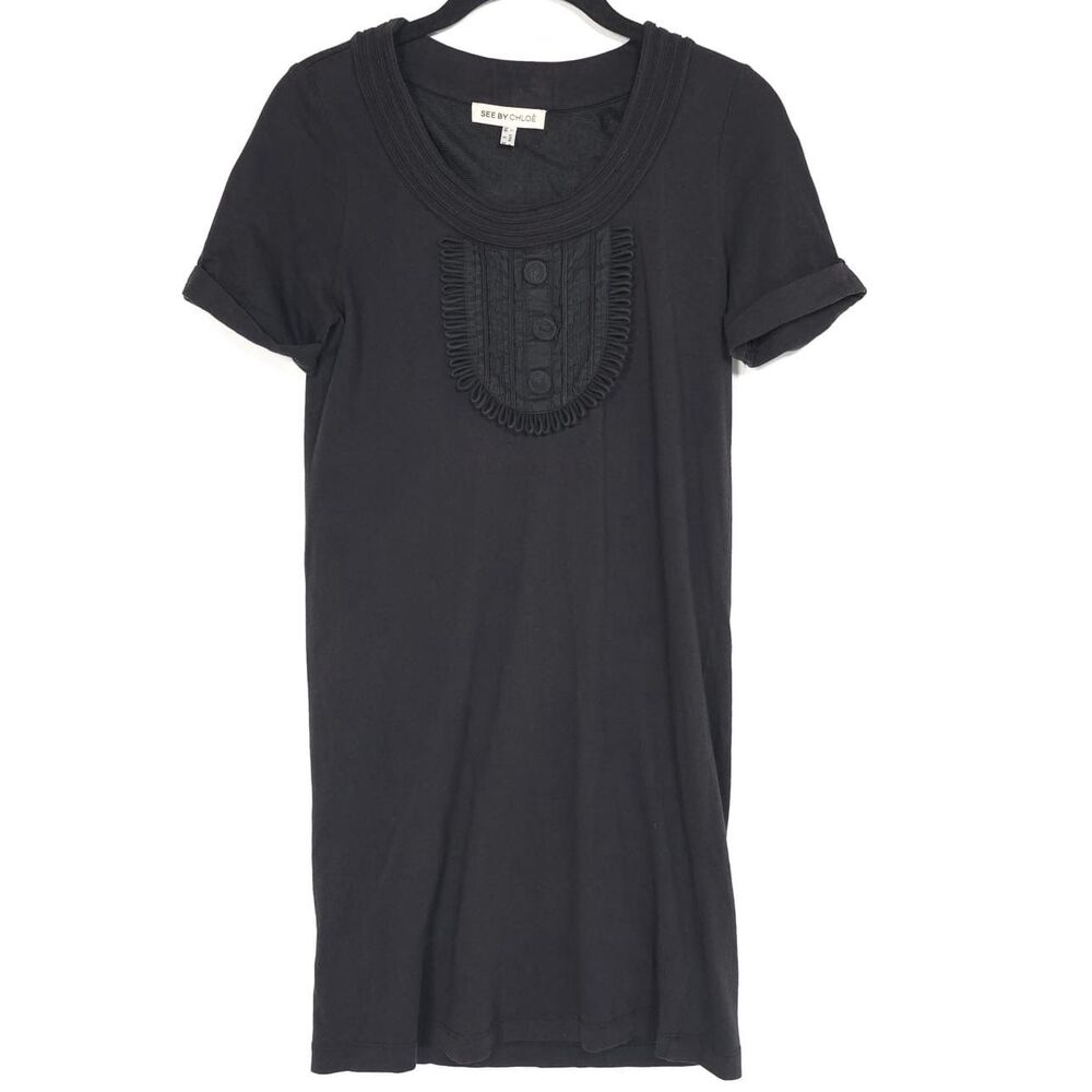 SEE by CHLOE Sheath Dress Size 2 Black Embellished Mini Stretch Pullover Cotton